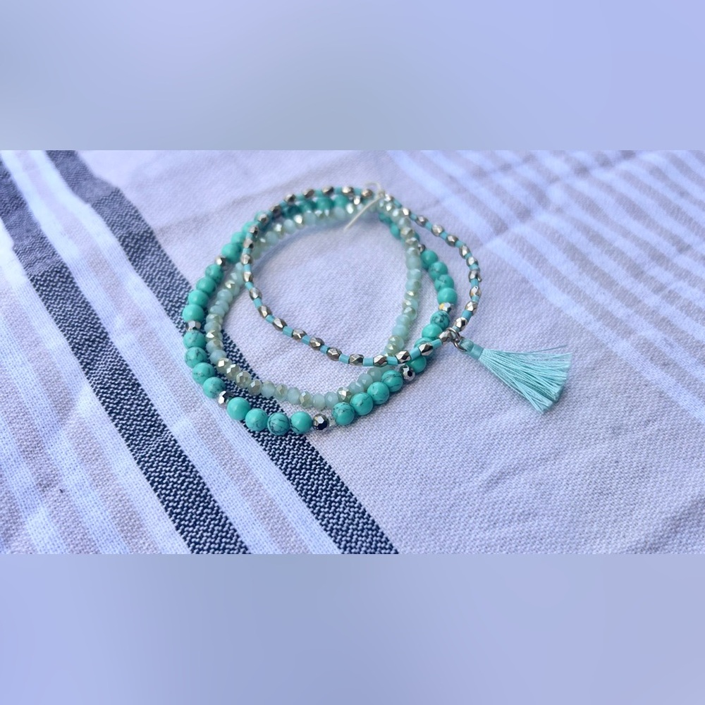 Artisan Mermaidcore Turquoise and Gold Tone Bead Tassel Stretch Bracelet Set - Picture 5 of 5